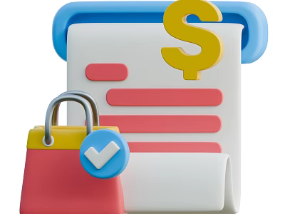 White Notebook with Yellow Dollar Sign and Red Handbag with Lock and Blue Checkmark 3d model