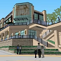 Modern Commercial Street Featuring Glass Facade Balconies Awnings Greenery And Pedestrians
