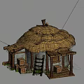 Ancient Building With Thatched Roof Wooden Door Ladder Crates And Shed