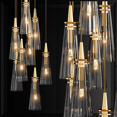 Elegant Modern Chandeliers Design With Transparent Glass Shades And Golden Metal Frames 3d model