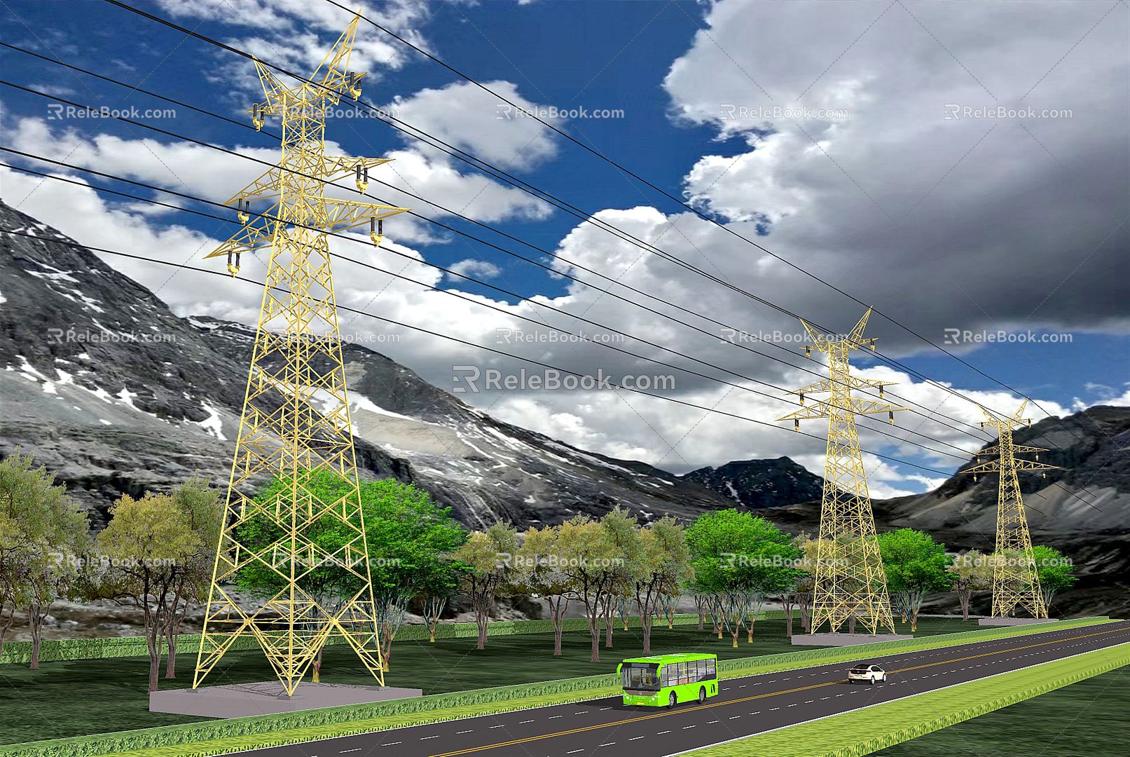 Modern landscape outdoor electric wire tower high voltage power grid 3d model