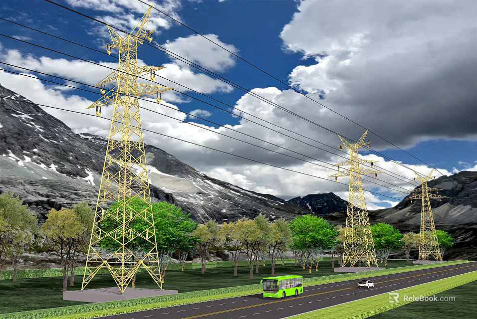 Mountain Landscape With Power Towers Green Trees Blue Sky White Clouds Highway And Driving Vehicles 3d model 