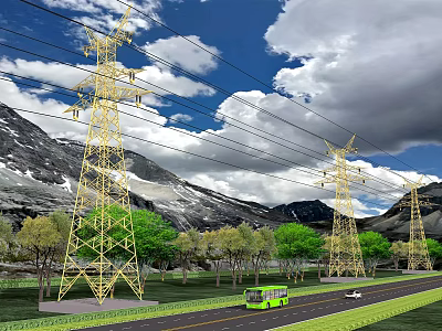 Mountain Landscape With Power Towers Green Trees Blue Sky White Clouds Highway And Driving Vehicles 3d model