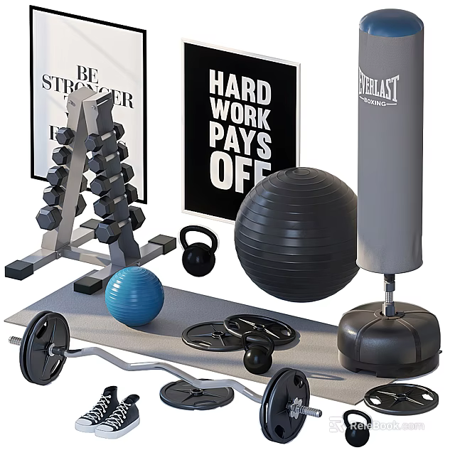 Essential Sports Equipment With Dumbbell Rack Kettlebells Exercise Ball Barbell Weight Plates And Punching Bag 3d model 