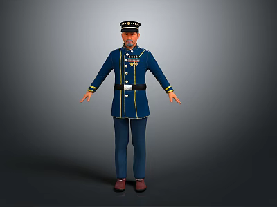 3D Military Figure In Blue Uniform With Yellow Stripes Medals And Cap 3d model