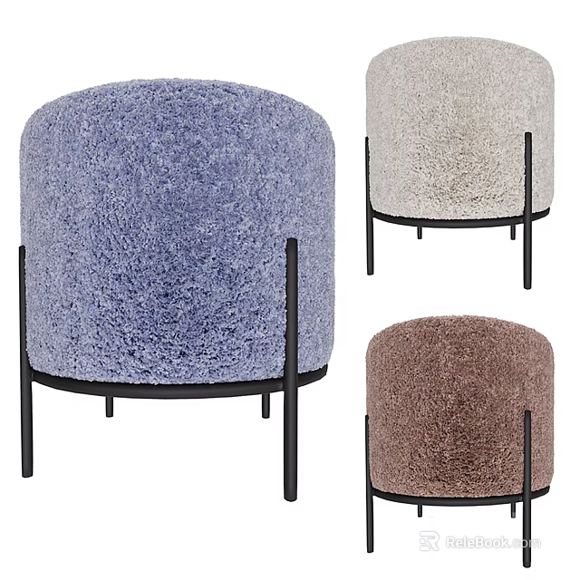 Soft Furry Fabric Ottoman In Three Colors Blue Beige Brown With Black Metal Legs 3d model 