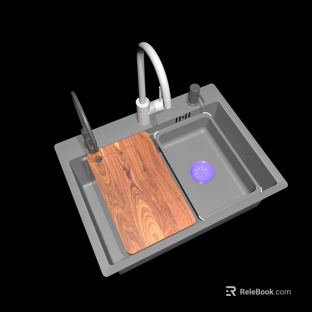 Modern Single Bowl Kitchen Sink with Wooden Cutting Board White Faucet and Purple Drain 3d model 