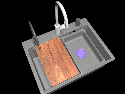 Modern Single Bowl Kitchen Sink with Wooden Cutting Board White Faucet and Purple Drain 3d model