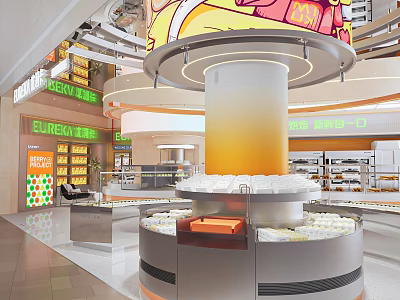 Modern Dessert Shop Interior With Circular Display Stand Bright Lighting And Fresh Dessert Displays 3d model