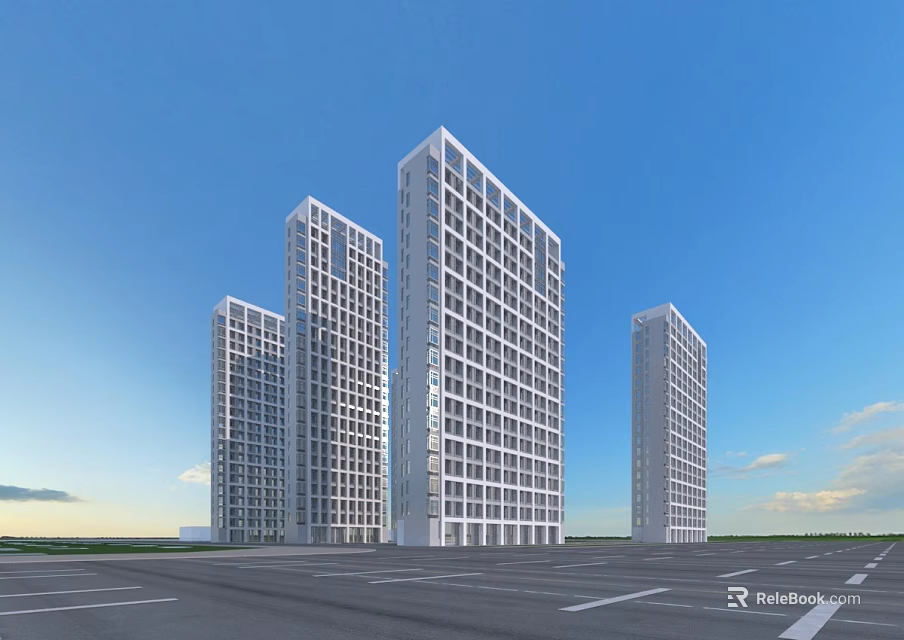 Modern High Rise Residential Buildings With Blue Sky Background And Parking Lot 3d model 