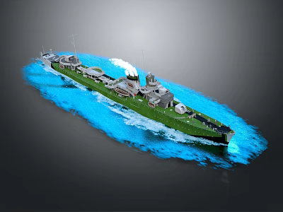 Green Military Warship Sailing on Blue Ocean Waves with Multiple Turrets and Upper Structures 3d model
