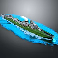 Green Military Warship Sailing on Blue Ocean Waves with Multiple Turrets and Upper Structures