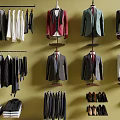 Stylish Men's Suits Shirts Pants Display On Hangers And Mannequins With Accessories