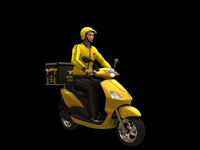 Man In Yellow Uniform Riding Yellow Scooter With Delivery Box 3d model