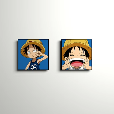 Character Portrait Paintings With Yellow Straw Hat Two Different Expressions Blue Background And Number 56 On Shirt 3d model
