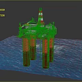 Offshore Oil Drilling Platform with Red Pillars and Industrial Equipment in Marine Environment