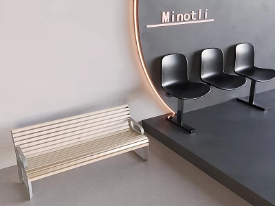 Three Black Chairs And Wooden Bench In Minotti Modern Public Seating Design 3d model