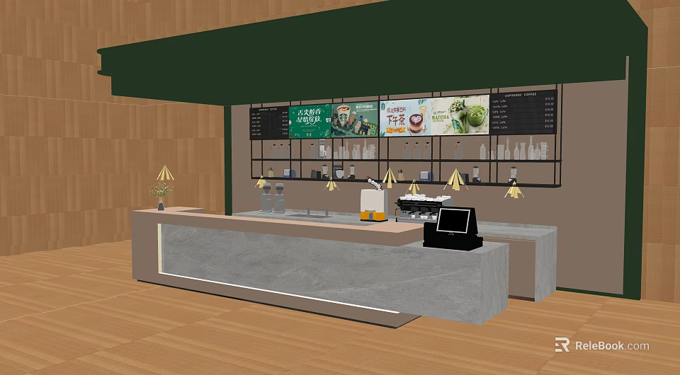 Cafe Interior Design With Stone Counter Menu Board And Wooden Walls Lighting 3d model 