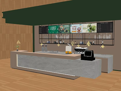 Cafe Interior Design With Stone Counter Menu Board And Wooden Walls Lighting 3d model