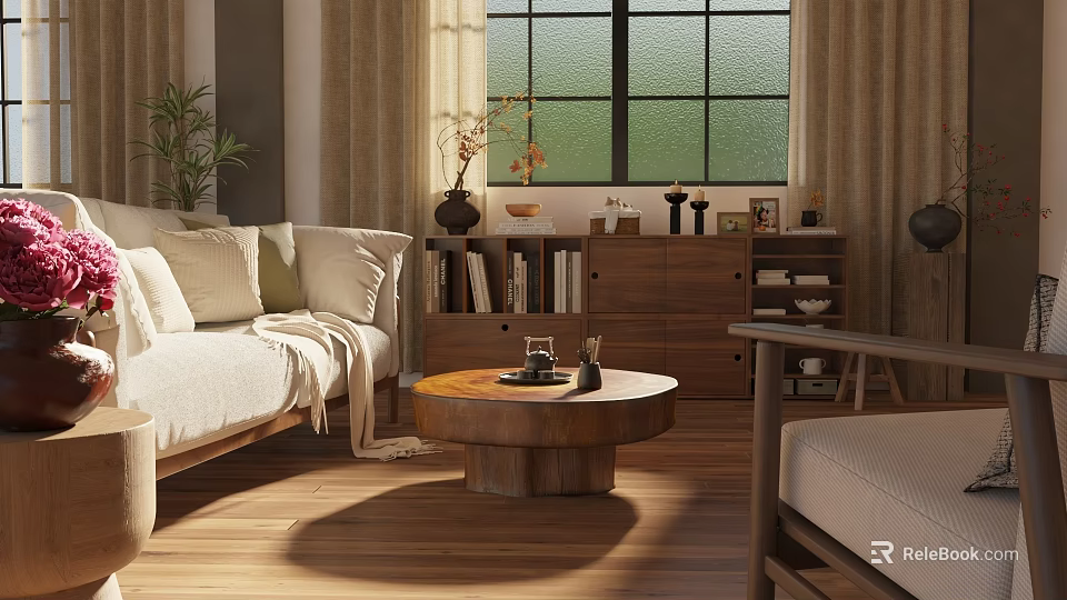 Natural Living Room Interior Design With Sofa Pillows Wooden Coffee Table And Bookshelf 3d model 