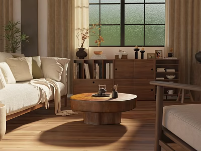 Natural Living Room Interior Design With Sofa Pillows Wooden Coffee Table And Bookshelf 3d model