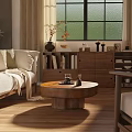 Natural Living Room Interior Design With Sofa Pillows Wooden Coffee Table And Bookshelf