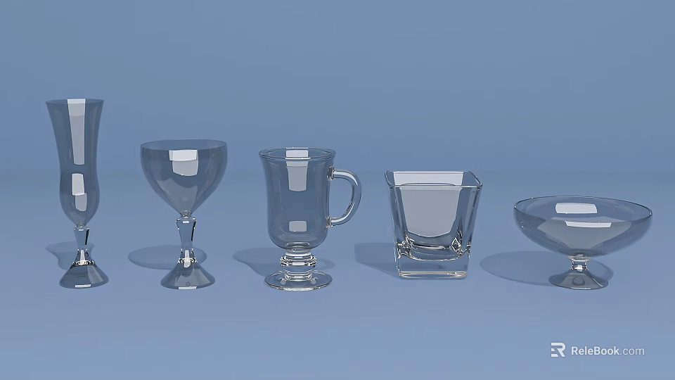 Transparent Glass Cups In Various Shapes Including Goblet Mug And Square Design 3d model 