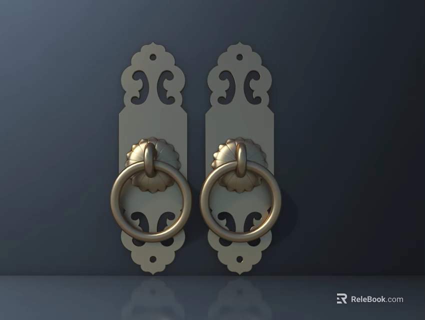 Two Golden Door Handles with Decorative Patterns on Dark Background and Reflections at the Bottom 3d model 