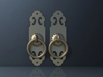 Two Golden Door Handles with Decorative Patterns on Dark Background and Reflections at the Bottom 3d model