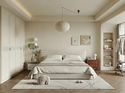 Modern Neutral Tones Bedroom With King Bed Round Pendant Light Area Rug And Decorative Paintings 3d model