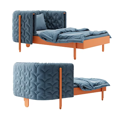 Stylish Modern Unique shaped Sofa With Blue Velvet Upholstery And Orange Wooden Frame 3d model