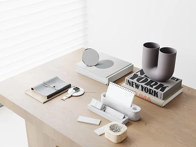 Organized Wooden Desk With Notebook Mirror Calendar And Books 3d model