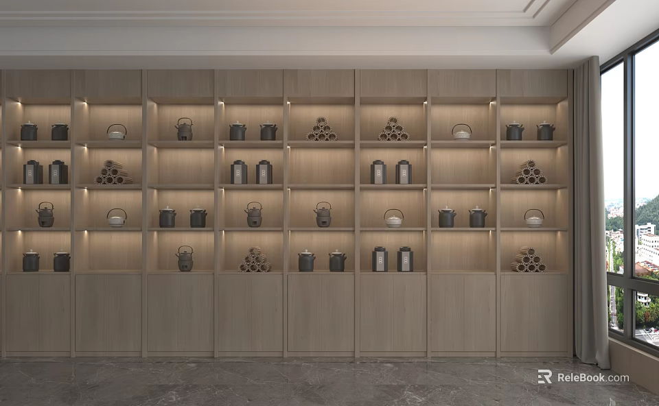 Modern Light Wood Storage Cabinet Shelf with Multiple Compartments and Decorative Items Illuminated 3d model 
