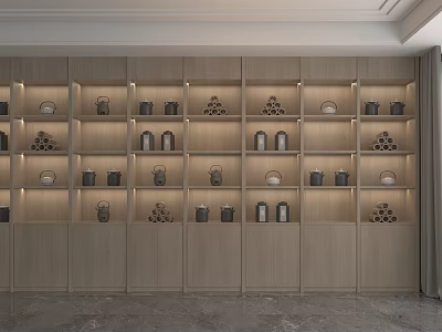 Modern Light Wood Storage Cabinet Shelf with Multiple Compartments and Decorative Items Illuminated 3d model