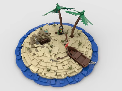 Creative Building Blocks Island Model Featuring Palm Trees Sand Boat And Hut 3d model