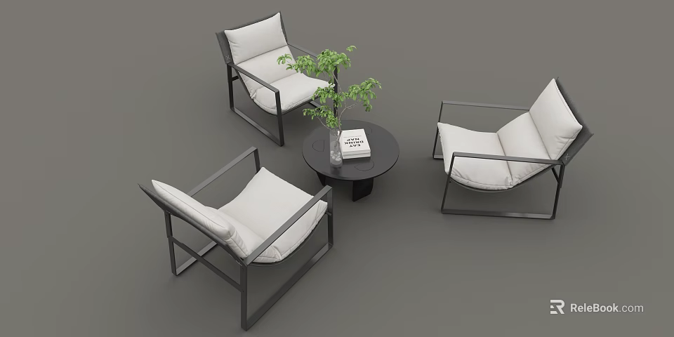 Modern Leisure Chairs With Black Frame White Cushions And Round Table With Green Plant 3d model 