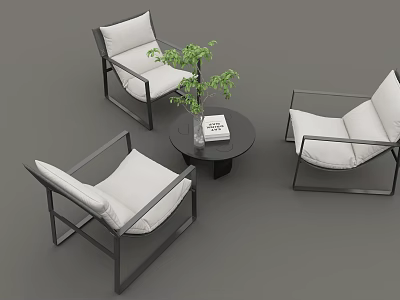 Modern Leisure Chairs With Black Frame White Cushions And Round Table With Green Plant 3d model