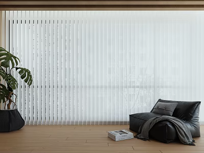 Modern Living Room With White Venetian Blinds Green Plant Black Lounge Chair And Wooden Floor 3d model