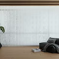 Modern Living Room With White Venetian Blinds Green Plant Black Lounge Chair And Wooden Floor