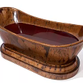 Wooden Bathtub With Natural Wood Grain Brown Exterior And Deep Red Interior Base