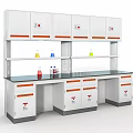 Laboratory Workbench Setup With White Cabinets Drawers And Colorful Beakers