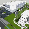 Modern Sales Office Building With Glass Facade Landscaped Gardens Curved Pathways And Green Lawns