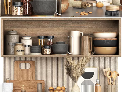 Kitchenware Display On Wooden Shelves In Cozy Kitchen 3d model