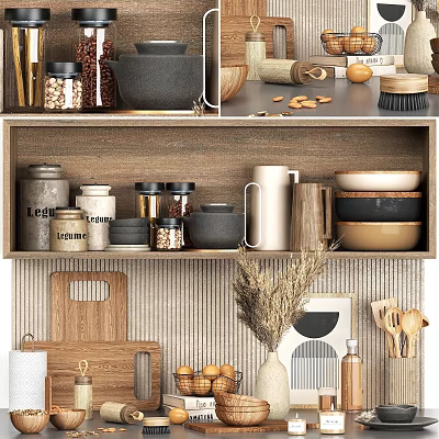 Kitchenware Display On Wooden Shelves In Cozy Kitchen 3d model