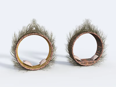 Round Outdoor Chairs With Woven Grass Trim And Comfortable Seat Cushions 3d model