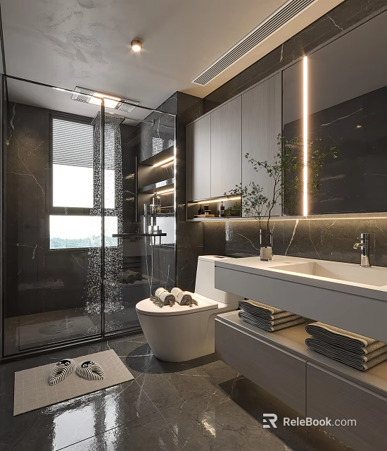 Modern Bathroom Interior Design With Glass Shower Enclosure Double Sink Marble Countertop And Large Mirror 3d model 