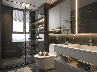 Modern Bathroom Interior Design With Glass Shower Enclosure Double Sink Marble Countertop And Large Mirror 3d model