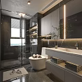 Modern Bathroom Interior Design With Glass Shower Enclosure Double Sink Marble Countertop And Large Mirror