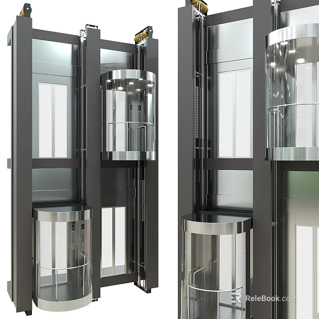 Modern Elevator Structure with Metal Frame Glass Cabin and Stainless Steel Decorative Elements 3d model