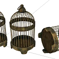 Three Piece Vintage Metal Birdcage Decorative Ornament Set With Carved Design